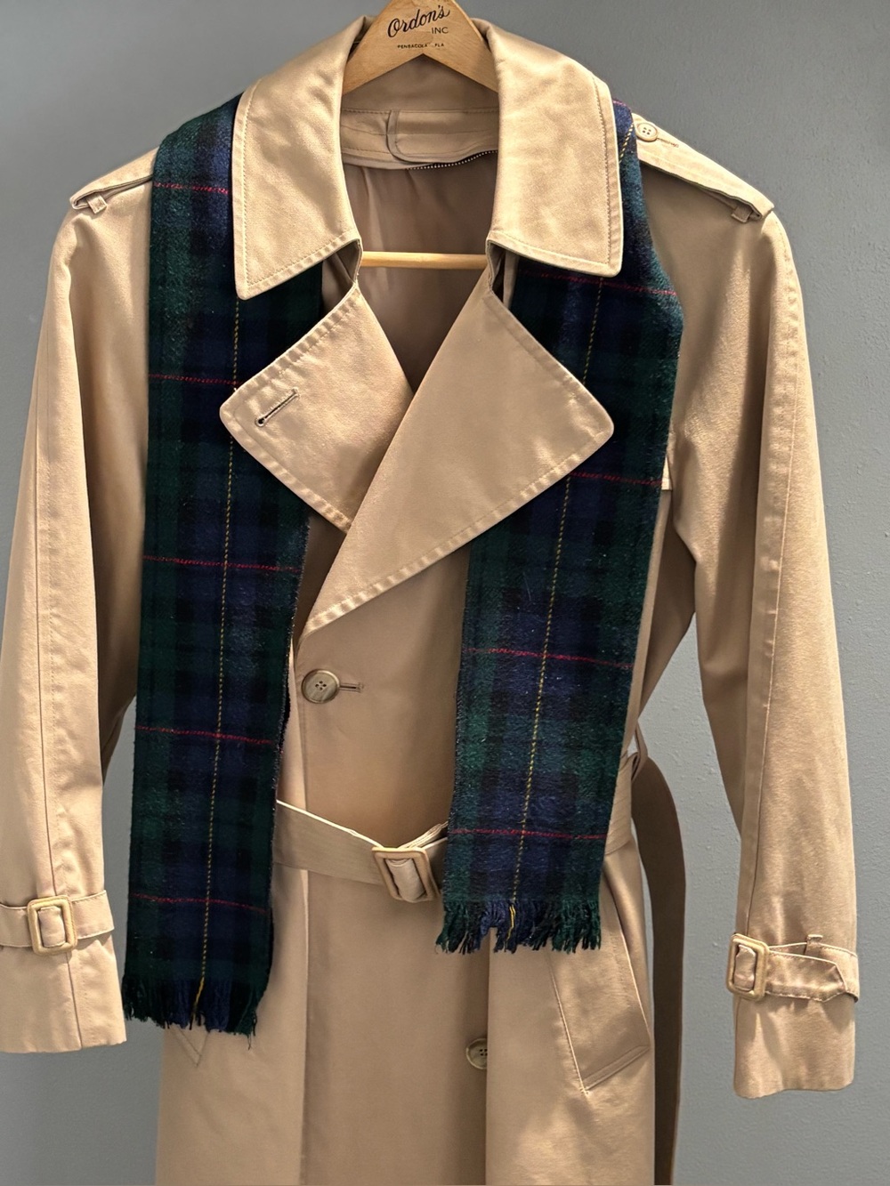Vintage London Fog Trench Coat with Dark Green Plaid Scarf and zip out liner